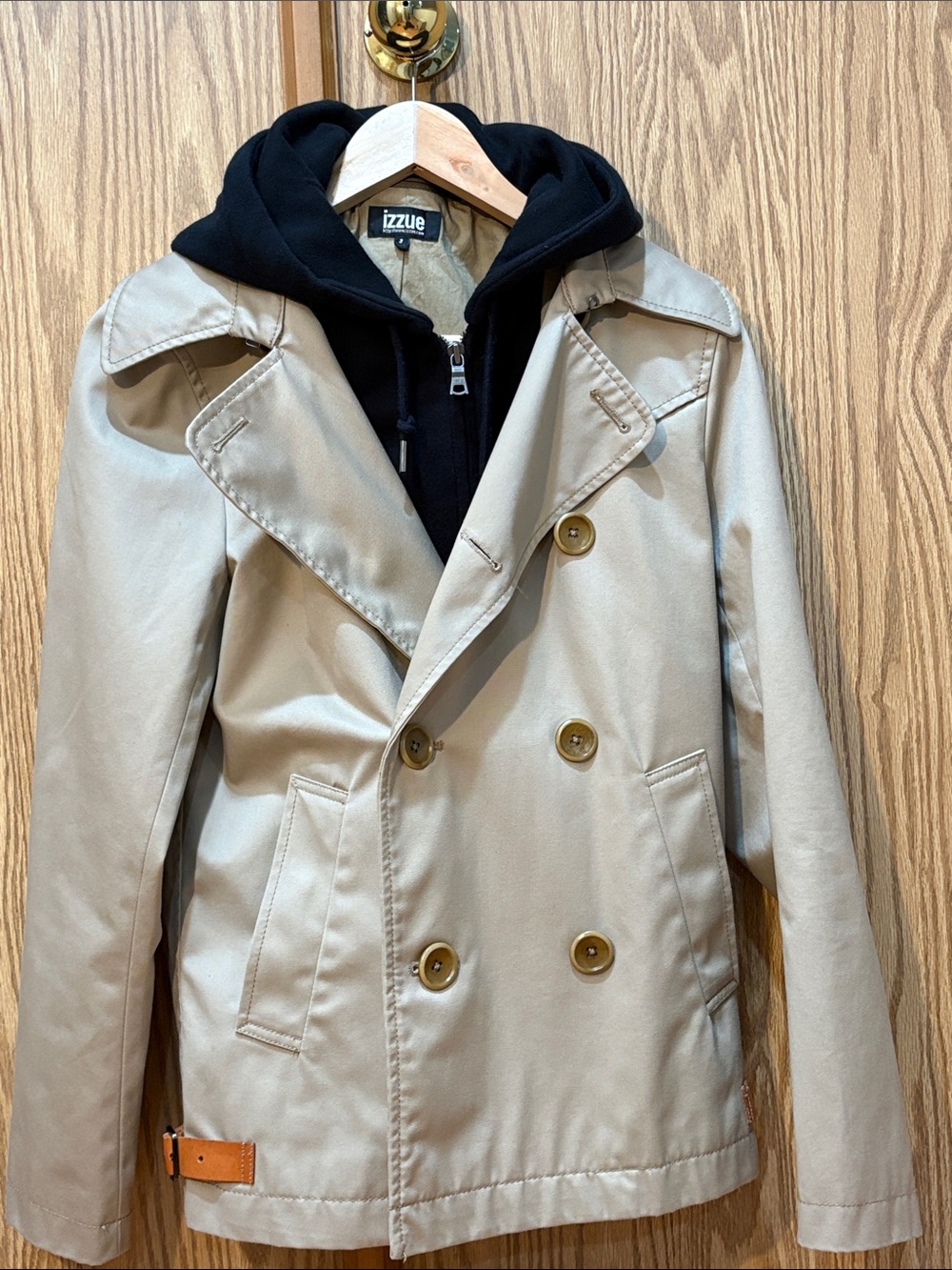 Izzue Tan Double-Breasted Trench Coat with Removable Black Hooded Layer